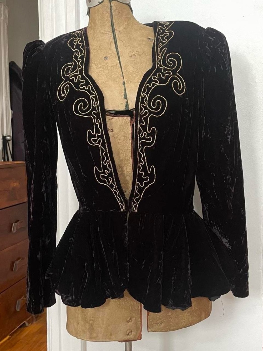 Black Velvet Embroidered Peplum Jacket - Women